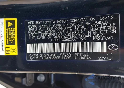 2013 Lexus Es 350 z USA, uszkodzony, nr VIN JTHBK1GG6D2071725